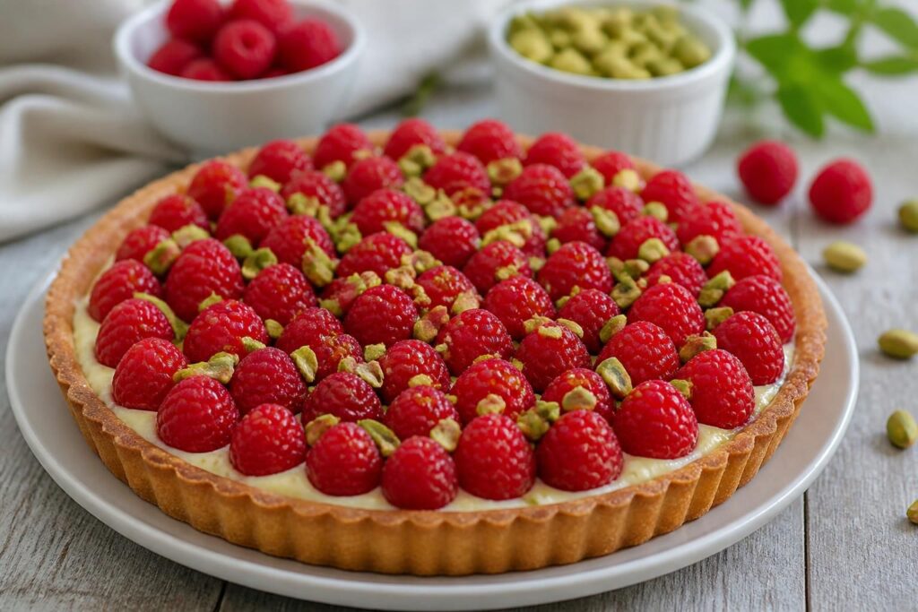 découvrez notre délicieuse recette de tarte framboises pistache avec crème vanille, une gourmandise originale alliant fraîcheur et douceur pour vos desserts.
